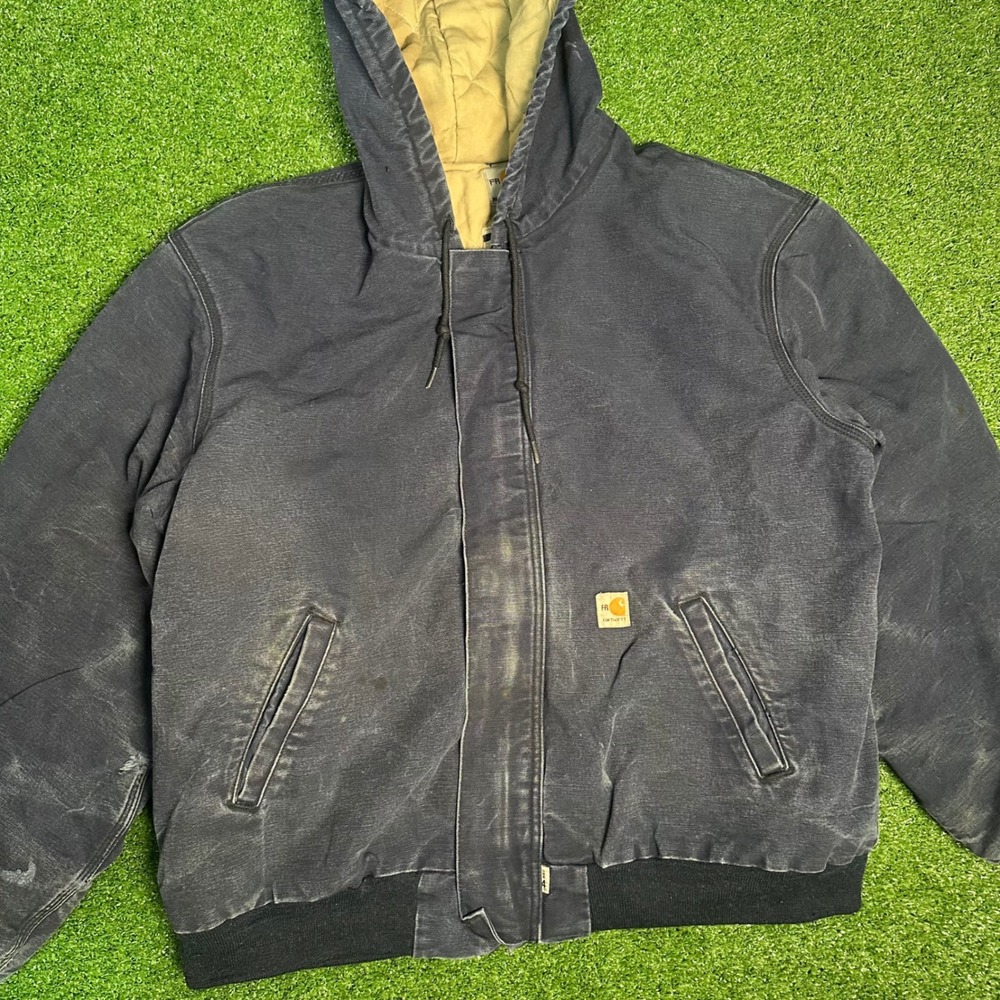 Vtg 90s Carhartt FRJ184 DNY Navy Blue Flame Resistant Hooded Jacket USA Made 2XL